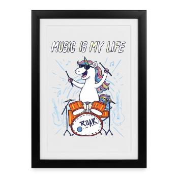 La musique, c’est ma vie – Licorne à la batterie - Affiche encadrée (27 × 37 cm) - noir - Devant