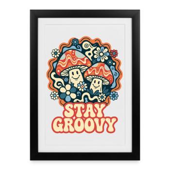 Restez Cool Retro Champignons - Affiche encadrée (27 × 37 cm) - noir - Devant