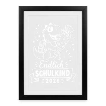 Endlich Schulkind 2026 Dinosaurier - Gerahmtes Poster (27 × 37 cm) - Schwarz - Vorne
