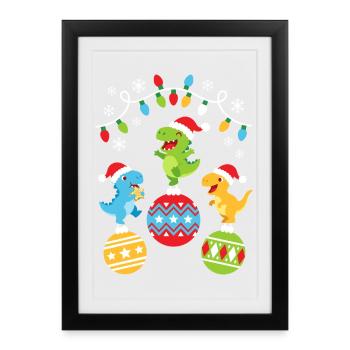 Süße Weihnachts Dinosaurier - Gerahmtes Poster (27 × 37 cm) - Schwarz - Vorne