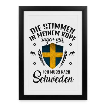 Stimmen Kopf sagen Schweden Spruch Lustig - Gerahmtes Poster (27 × 37 cm) - Schwarz - Vorne