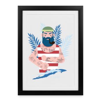 Marin capitaine tatouage pipe mer côte moin barbe - Affiche encadrée (27 × 37 cm) - noir - Devant