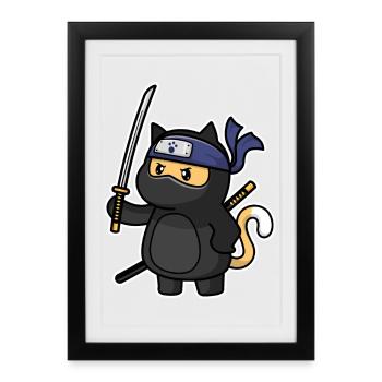 Humour Chat mignon Kawaii Chibi en Ninja Chat - Affiche encadrée (27 × 37 cm) - noir - Devant