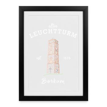 Ancien phare sur Borkum, Frise orientale, mer du Nord - Affiche encadrée (27 × 37 cm) - noir - Devant