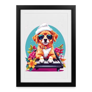 Chien avec piano - Affiche encadrée (27 × 37 cm) - noir - Devant