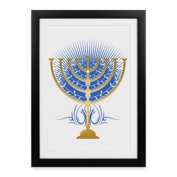 chandelier de Hanoukka doré avec des rayons bleus - Affiche encadrée (27 × 37 cm) - noir - Devant