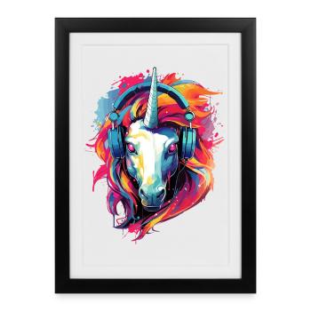 Licorne avec casque Musique Bête mythique Licornes - Affiche encadrée (27 × 37 cm) - noir - Devant