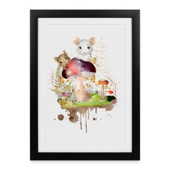 Two cute mice playing with colorful mushrooms - Framed poster (27 × 37 cm) - black - Front