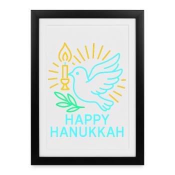Heureux Hanoukka Pigeon Colombe de la Paix Néon - Affiche encadrée (27 × 37 cm) - noir - Devant