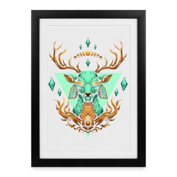 Cerf turquoise géométrique féerique - Affiche encadrée (27 × 37 cm) - noir - Devant