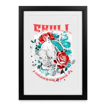 Crâne, Crâne, Papillon, Rose, Fleur - Affiche encadrée (27 × 37 cm) - noir - Devant