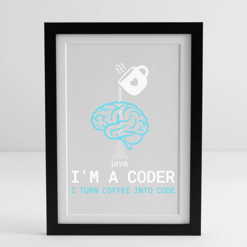 Coder T-Shirt: Coffee into Code – Nerdy Programmie Framed poster (27 × 37 cm)