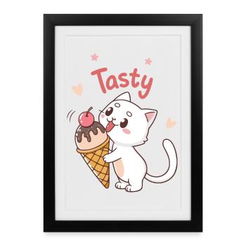 Chat gourmand Tasty Glace - Affiche encadrée (27 × 37 cm) - noir - Devant