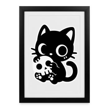 Chat mignon effrayant avec un crâne | Kawaii Spooky Mot - Affiche encadrée (27 × 37 cm) - noir - Devant