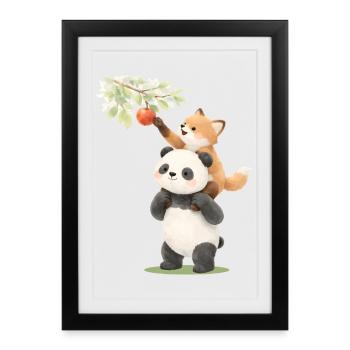 Panda et renard avec illustration de pommes - Affiche encadrée (27 × 37 cm) - noir - Devant