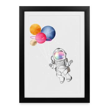 Astronaute avec des planètes colorées en guise de ballons - Affiche encadrée (27 × 37 cm) - noir - Devant