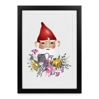Nain de jardin avec arrosoir dans le jardin de fleurs - Affiche encadrée (27 × 37 cm) - noir - Devant