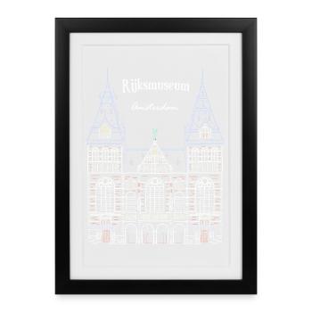 Amsterdam Rijksmuseum, Pays-Bas, dessin à la main - Affiche encadrée (27 × 37 cm) - noir - Devant