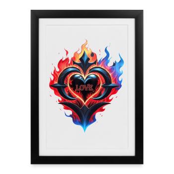 Un cœur enflammé, le feu de l’amour. - Affiche encadrée (27 × 37 cm) - noir - Devant