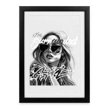 Moi entouré de graffitis en noir et blanc - Affiche encadrée (27 × 37 cm) - noir - Devant