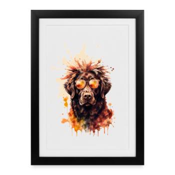 Chien aquarelle cool avec des lunettes de soleil - Affiche encadrée (27 × 37 cm) - noir - Devant