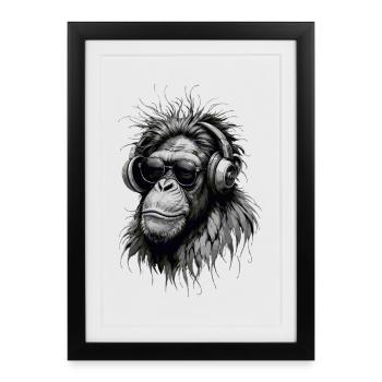 Cool Music Monkey with Headphones - Grayscale - Framed poster (27 × 37 cm) - black - Front
