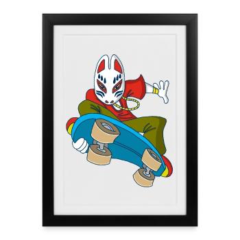 Renard japonais en skateboard - Affiche encadrée (27 × 37 cm) - noir - Devant