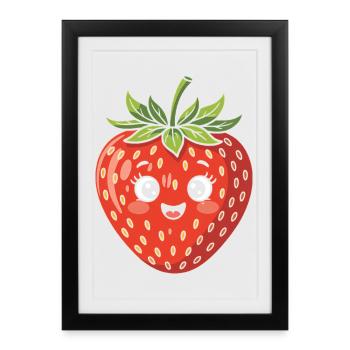 Fraise avec visage Fruit Drôle Mignon Mignon - Affiche encadrée (27 × 37 cm) - noir - Devant