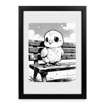 Chick on bench in sketch style - Framed poster (27 × 37 cm) - black - Front