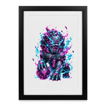 Neon Cyber Foo Dog Wächter - Gerahmtes Poster (27 × 37 cm) - Schwarz - Vorne