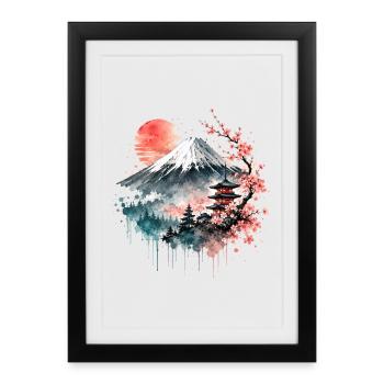 Aquarelle de la pagode Fuji Sakura - Affiche encadrée (27 × 37 cm) - noir - Devant