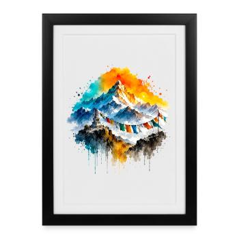 Montagnes aquarellées de l’Himalaya et drapeaux de prière - Affiche encadrée (27 × 37 cm) - noir - Devant
