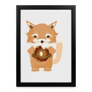 Petit renard avec délicieux beignet au chocolat - Affiche encadrée (27 × 37 cm) - noir - Devant