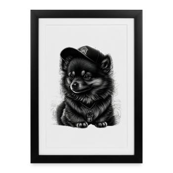 Spitz nain à casquette - Affiche encadrée (27 × 37 cm) - noir - Devant