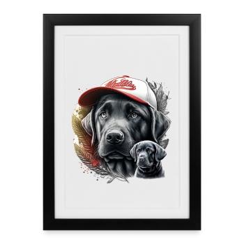 Chien portrait casquette et plumes - Affiche encadrée (27 × 37 cm) - noir - Devant