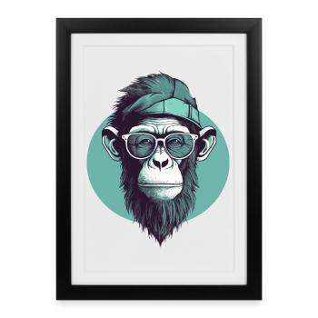 Singe hipster cool avec lunettes et casquette - Affiche encadrée (27 × 37 cm) - noir - Devant