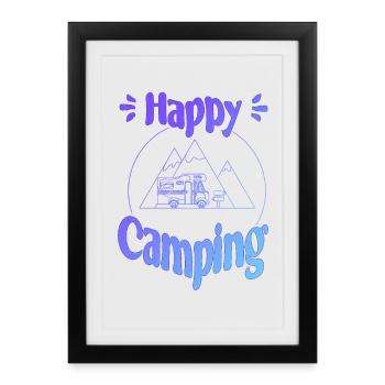 Happy Camping - conception graphique joyeuse et cool - Affiche encadrée (27 × 37 cm) - noir - Devant