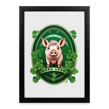 Cochon chanceux avec trèfles - Affiche encadrée (27 × 37 cm) - noir - Devant