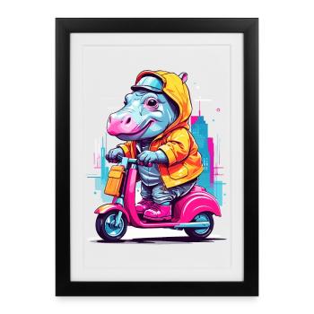 Hippopotamus on scooter - Framed poster (27 × 37 cm) - black - Front