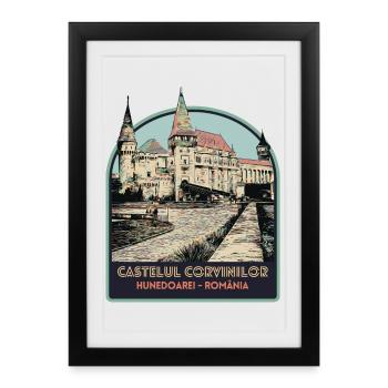 Château des Corvins, Hunedoara, Roumanie - Affiche encadrée (27 × 37 cm) - noir - Devant