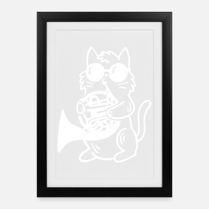 Katze spielt Waldhorn - Gerahmtes Poster (27 × 37 cm) - Schwarz