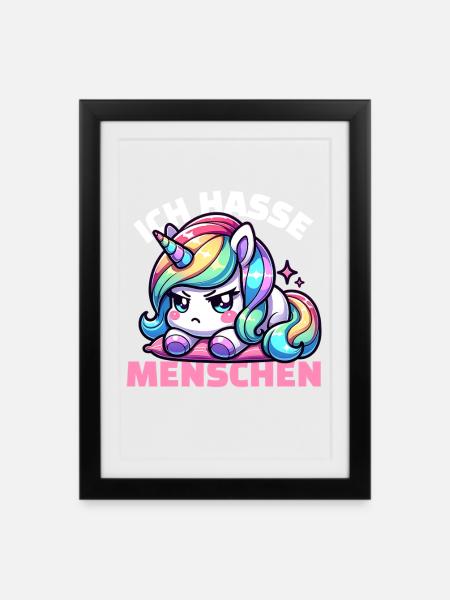 Einhorn Grummel: Ich hasse Menschen - Gerahmtes Poster (27 × 37 cm) - Schwarz