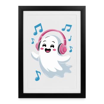 Fantôme mélomane avec casque - Affiche encadrée (27 × 37 cm) - noir - Devant
