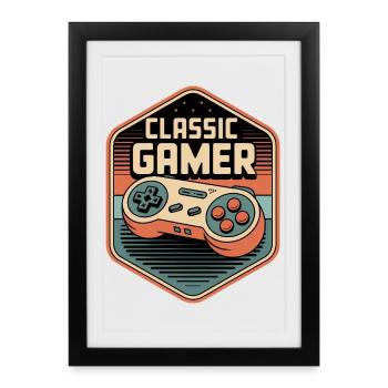 Badge de manette rétro Classic Gamer - Affiche encadrée (27 × 37 cm) - noir - Devant