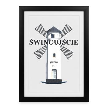 Phare de Świnoujście, Pologne du dessin manuel - Affiche encadrée (27 × 37 cm) - noir - Devant