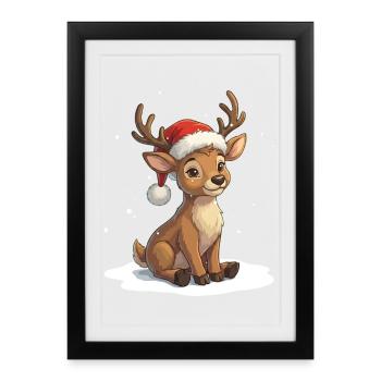 Süßes Baby Rentier mit Weihnachtsmütze - Gerahmtes Poster (27 × 37 cm) - Schwarz - Vorne