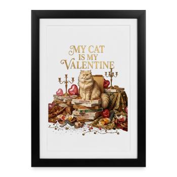 Mon chat est mon Valentin Amoureux de la pizza Célibataire - Affiche encadrée (27 × 37 cm) - noir - Devant