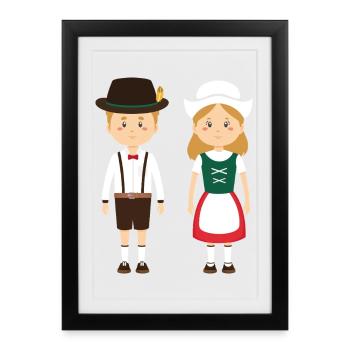 Costume folklorique, couple d’enfants en Lederhosen et Dirndl - Affiche encadrée (27 × 37 cm) - noir - Devant