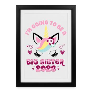 Grande Sœur 2026 Licorne avec des fleurs enceinte - Affiche encadrée (27 × 37 cm) - noir - Devant