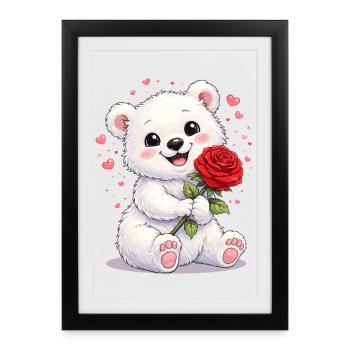 Ours mignon avec une rose – Motif de la Saint-Valentin - Affiche encadrée (27 × 37 cm) - noir - Devant